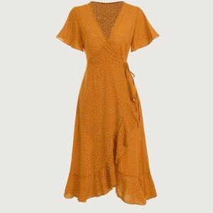 Rihoas Yellow Polka Dot Ruffle Wrap Dress